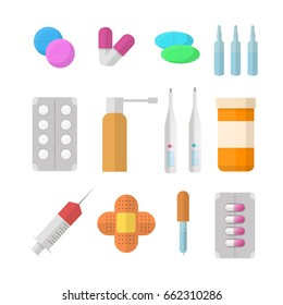 A set of medicines. First aid kit. Treatment. Vector illustration in a flat style.