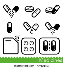 Set of medicines icons. Capsules, pills, powders and tablet packs. Vector Illustration