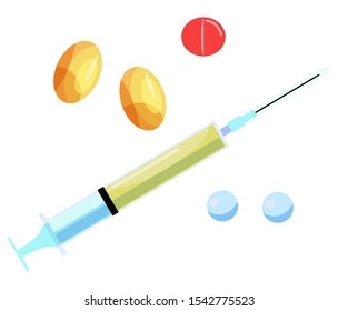 Set of medicines, includes tablets, capsules with vitamin D, pills, syringe with solution. Medical, pharmaceutical concept. It can be used as in web design, various printing, textile and other product