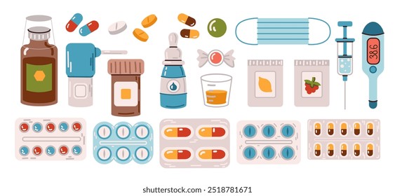 Um conjunto de medicamentos e instrumentos médicos isolados sobre um fundo branco. Tratamento de gripe e resfriados. Pílulas, medicamentos, seringa, termômetro, spray nasal, xarope. Ilustração de vetor plano