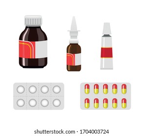 A set of medicines: mixture, ointment, nasal spray, tablets and capsules. Clip art