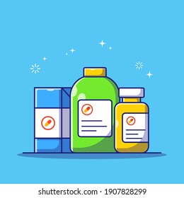 Set of Medicines on Blue Background for Medication Counseling. Medicinal Capsule, Pills, Tablet, and Syrup Bottle. Healthcare and Pharmacy Icon Concept. Flat Cartoon Vector Illustration Isolated.