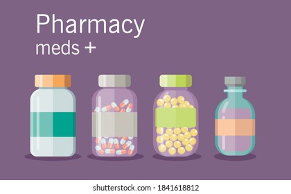 Conjunto de medicamentos, pastillas, cápsulas, frasco. Medecine y farmacia. Ilustración plana vectorial. Medicamentos para la gripe, la nariz conmovedora, el moño, la tos. Medicamentos fríos, medicamentos para la tos.