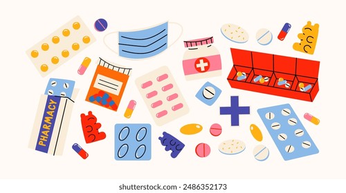 Set of medicines pills and capsules in cartoon style. Set of pharmaceutical elements for a pharmacy. Quick aid and treatment products, dietary supplements