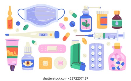 Set of medicines. Pills, medical mask and thermometer. Syringe for injection, inhaler, patches and eye drops. Treatment and pharmaceuticals. Cartoon flat vector illustrations isolated on white