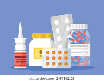 Juego de medicinas. Pastillas, comprimidos y frascos. Ilustración vectorial en estilo plano.