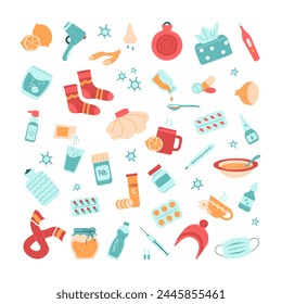 Set of medicines for symptoms cold or flu, elements of Illness treatment. Various pills, tablets, sprays, drops, for fever, viral diseases. Prevention of sickness. Isolated vector illustration