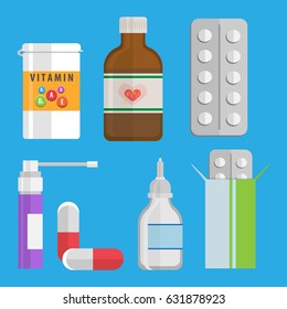 Set of medicines and tablets flat style vector graphics
