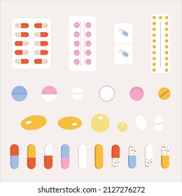 Set of medicines. Tablets, pills, blisters, packages. Vector flat illustration