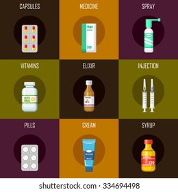 Set of medicines - tablets, syrup, syringe, capsules, cream. Flat icon. Vector illustration