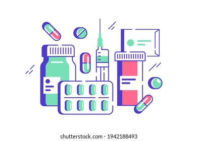 Conjunto de medicamentos ilustradores vectoriales. Contenedores con píldoras y cápsulas y jeringas de estilo plano. Recuperación rápida. Salud y concepto de medicina moderna. Aislado sobre fondo blanco
