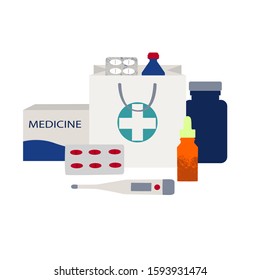Set of medicines.Trendy Vector flat illustration.Pharmacy store concept.Collection of different pills and bottles.
