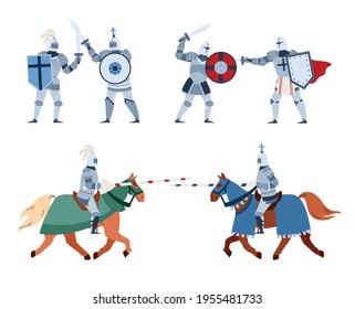 Set of medieval ancient knights in armour, flat vector illustration isolated.