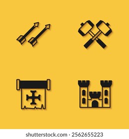 Set Medieval arrows, Castle, Crusade and Crossed battle hammers icon with long shadow. Vector