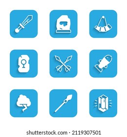 Set Medieval arrows, spear, Gem stone, Fish, Cloud and lightning, Magic rune, Hunting horn and sword icon. Vector