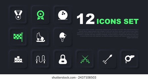 Set Medieval arrows, Whistle, Skates, Fencing, Checkered flag, Jump rope, Medal with star and Weight icon. Vector