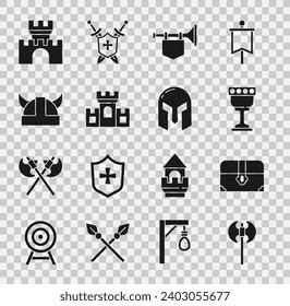 Set Medieval axe, Antique treasure chest, goblet, Trumpet with flag, Castle, fortress, Viking in horned helmet,  and iron icon. Vector