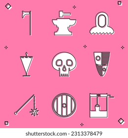 Set Medieval axe, Anvil for blacksmithing hammer, hood, flag, Skull, Shield, chained mace ball and Round wooden shield icon. Vector