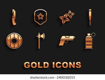 Set Mittelalterliche Axt, Baseballschläger, Handgranate, Pistole oder Pistole, Rundhölzernschild, japanische Ninja-Shuriken, Militärmesser und Polizei-Abzeichen Ikone. Vektorgrafik