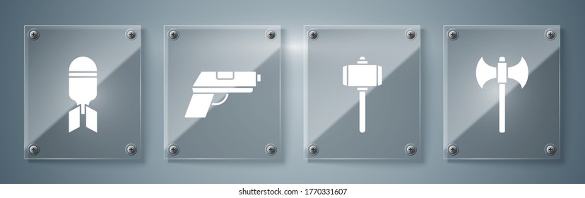 Ponga un hacha medieval, martillo de batalla, Pistol o pistola y una bomba de aviación. Paneles de vidrio cuadrado. Vector