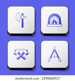 Set Medieval axe, Blacksmith oven, Crossed hammer and Air blower bellows icon. White square button. Vector