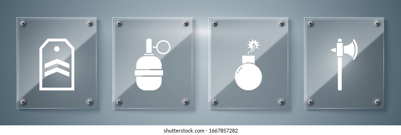 Set Medieval axe, Bomb ready to explode, Hand grenade and Chevron. Square glass panels. Vector