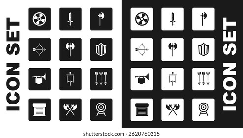 Set Medieval axe, bow and arrow, Round wooden shield, Shield, sword, Crossed arrows and Trumpet with flag icon. Vector