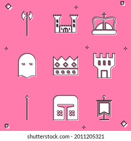 Set Medieval axe, Castle, King crown, Executioner mask, tower, spear and iron helmet icon. Vector