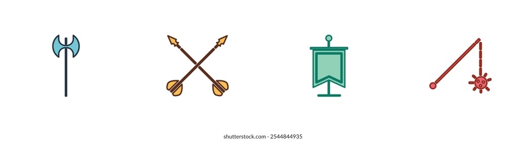 Set Mittelalterliche Axt, gekreuzte Pfeile, Fahne und gekettet Mace Ball Symbol. Vektorgrafik