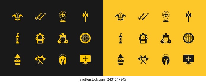 Set Medieval axe, Crossed medieval axes, Princess or queen, helmet, throne, Crusade, Fleur lys lily flower and arrows icon. Vector