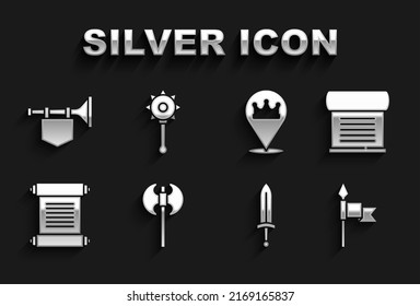 Set Medieval axe, Decree, parchment, scroll, spear, sword, Location king crown, Trumpet with flag and chained mace ball icon. Vector