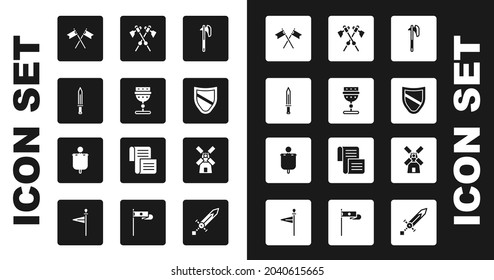 Set Medieval axe, goblet, sword, Crossed medieval flag, Shield, axes, Windmill and  icon. Vector