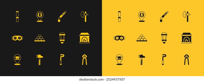 Set Medieval axe, Hammer, Garden light lamp, Fire poker, Gold bars, Welding torch, Rasp metal file and Horseshoe icon. Vector