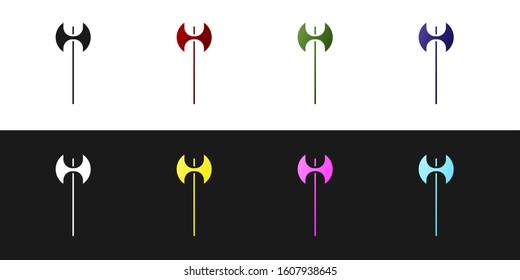 Set Medieval axe icon isolated on black and white background. Battle axe, executioner axe. Medieval weapon.  Vector Illustration