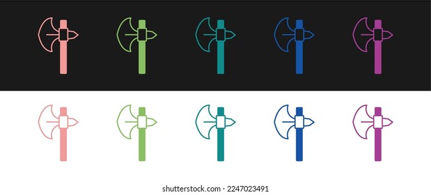 Ajuste el icono de hacha medieval aislado en fondo blanco y negro. Battle ax, verdugo hacha. arma medieval.  Vector