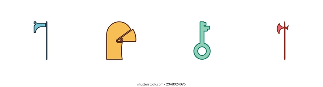 Indique el hacha medieval, el casco de hierro, la llave antigua y el icono del haluro. Vector