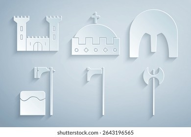 Set Medieval axe, iron helmet, Executioner in tree block, King crown and Castle icon. Vector