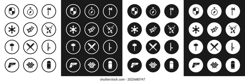 Set Medieval axe, Japanese ninja shuriken, Police badge, Shield, shield with crossed swords, Compass, rubber baton and Battle hammer icon. Vector