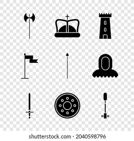 Set Mittelalterliche Axt, King Kronen, Schlossturm, Schwert, Rundhölzernschild, Torchflamme, Fahne und Speersymbol. Vektorgrafik