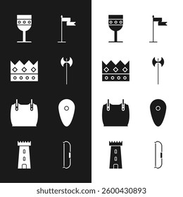Set Medieval axe, King crown, goblet, flag, Body armor, Shield, bow and Castle tower icon. Vector