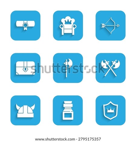 Set Medieval axe, Poison in bottle, Shield with crown, Crossed medieval axes, Viking horned helmet, Antique treasure chest, bow and arrow and Decree, parchment, scroll icon. Vector