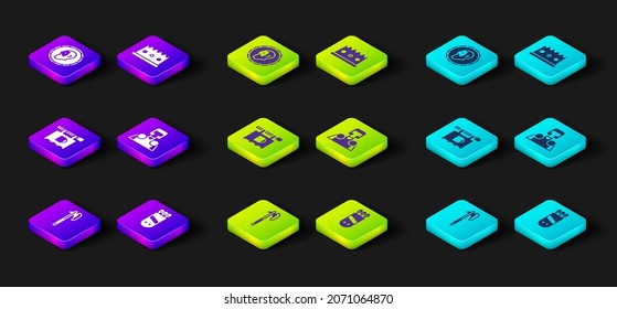 Set Medieval axe, Quiver with arrows, Street signboard Bar, knight, King crown and Ancient coin icon. Vector