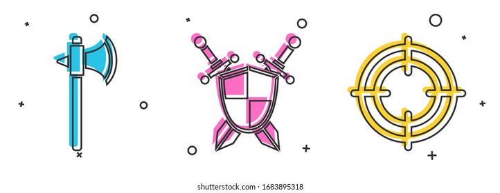 Set Medieval axe, Medieval shield with crossed swords and Target sport icon. Vector