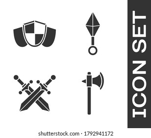 Establezca el hacha medieval, Escudo, espada medieval cruzada e icono de ninja shuriken japonés. Vector