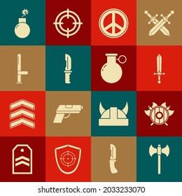 Set Medieval axe, shield with crossed axes, sword, Peace, Military knife, Police rubber baton, Bomb ready explode and Hand grenade icon. Vector