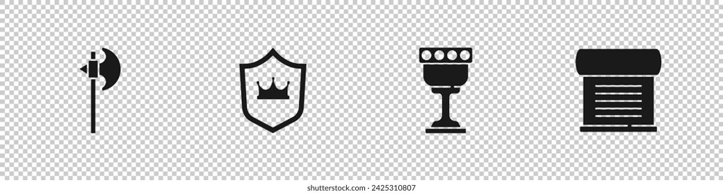Set Medieval axe, Shield with crown, goblet and Decree, parchment, scroll icon. Vector