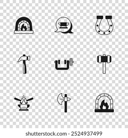 Definir Machado Medieval, Martelo, Blacksmith forno, Braçadeira e parafuso ferramenta, Ferradura, bigorna e martelo ícone. Vetor