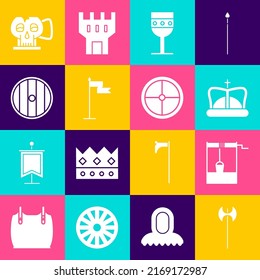Set Medieval axe, Well with bucket, King crown, goblet, flag, Round wooden shield, Cup from the skull and  icon. Vector
