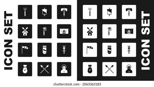 Set Medieval axe, Windmill, Garden pitchfork, castle gate, flag, Torch flame and  icon. Vector