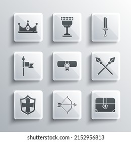 Set Medieval bow and arrow, Antique treasure chest, Crossed medieval spears, Decree, parchment, scroll, Shield, King crown and sword icon. Vector